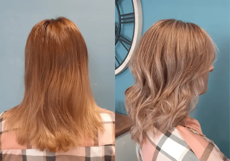 Vorher und nachher: Coloration in Rosé mit Wellen